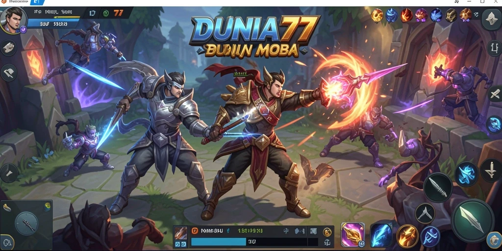 Tangkapan layar DUNIA77 menampilkan aksi gameplay MOBA yang mendebarkan.