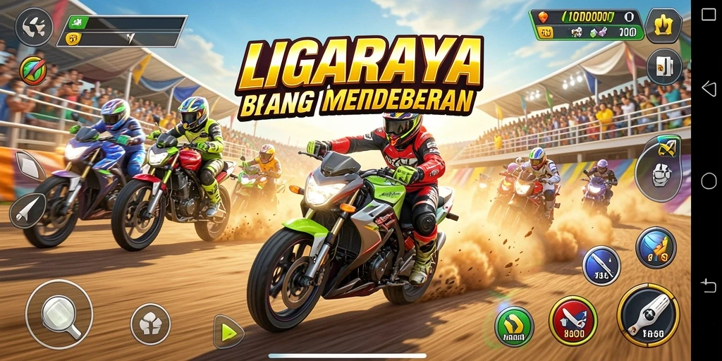 Screenshot LIGARAYA menampilkan akselerasi motor di lintasan balap yang dramatis.