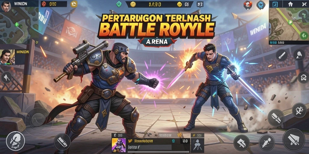 Screenshot gameplay WINIDN yang menunjukkan aksi Battle Royale yang mendebarkan.